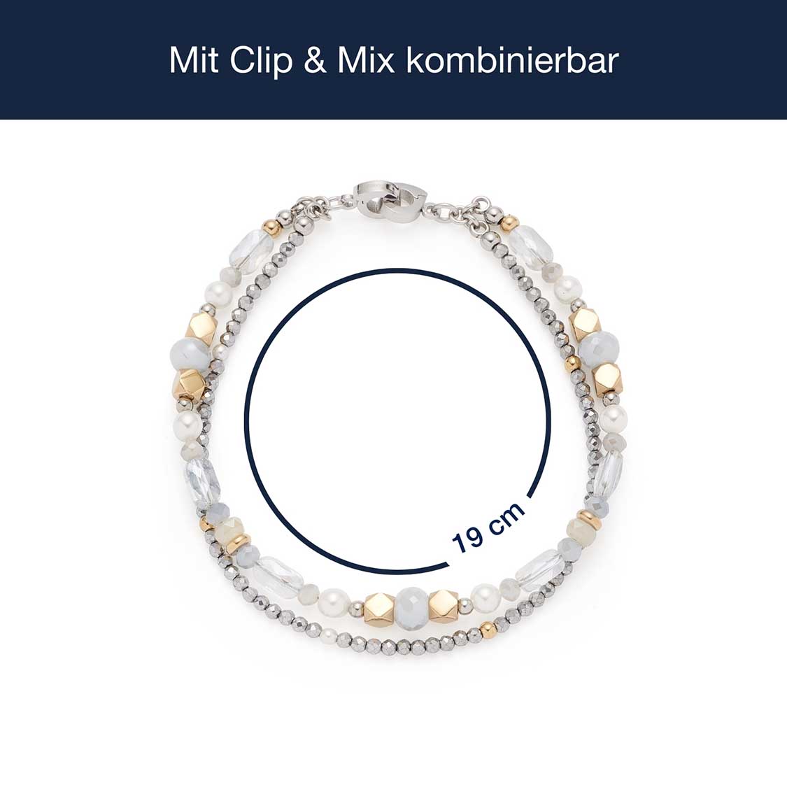 Massangaben zum Armband ESTHER Clip & Mix, bicolor mit Perlen und Metallperlen