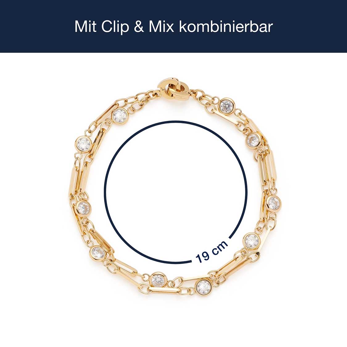 Armband REBECCA gold Clip & Mix mit Massangaben, Kettengliedern und Zirkonia