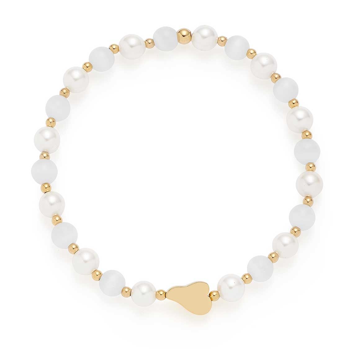 Armband SELENA gold mit weißen und goldfarbenen Perlen, goldenes Herzanhänger