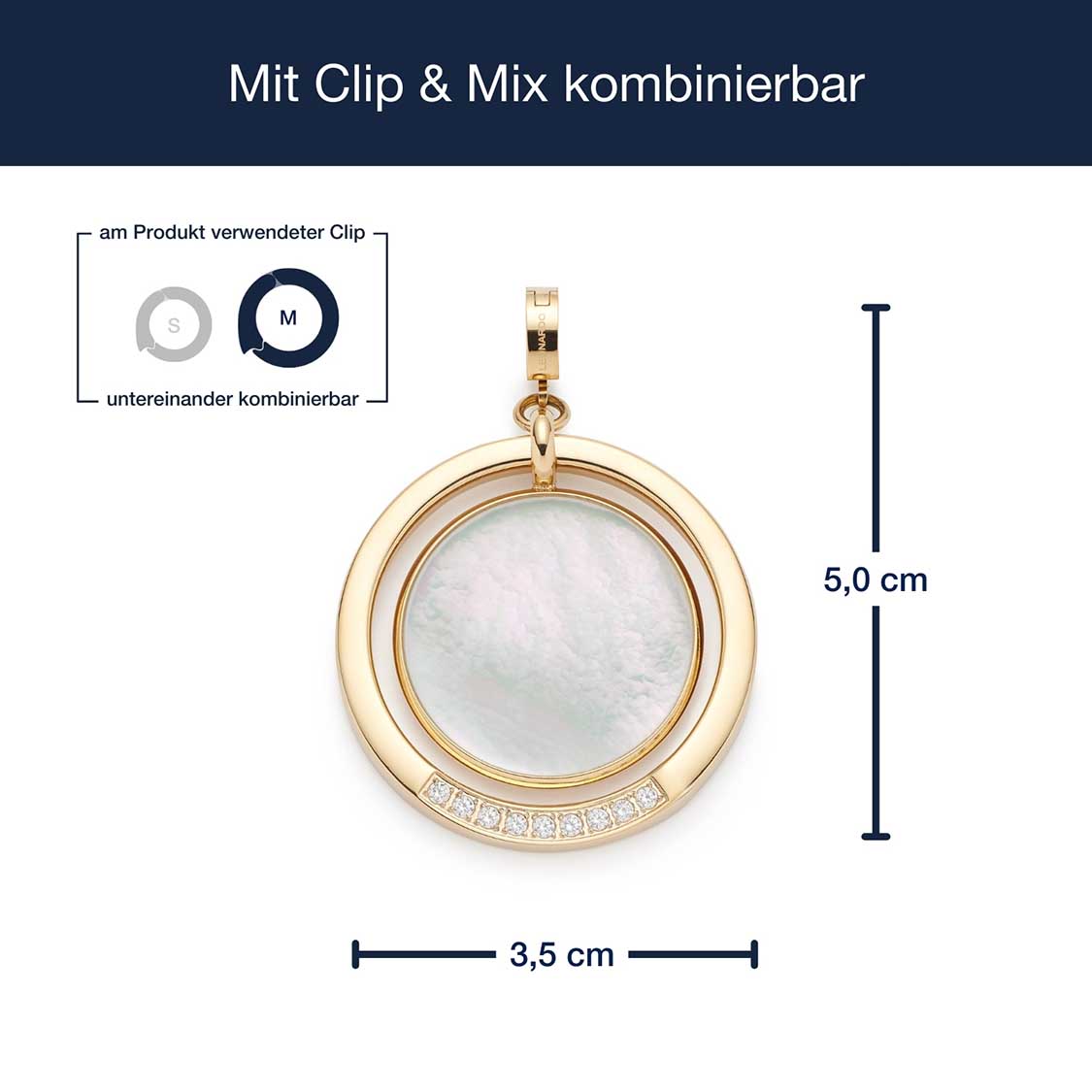 Anhänger MAGDA gold mit Clip & Mix System und Massangaben