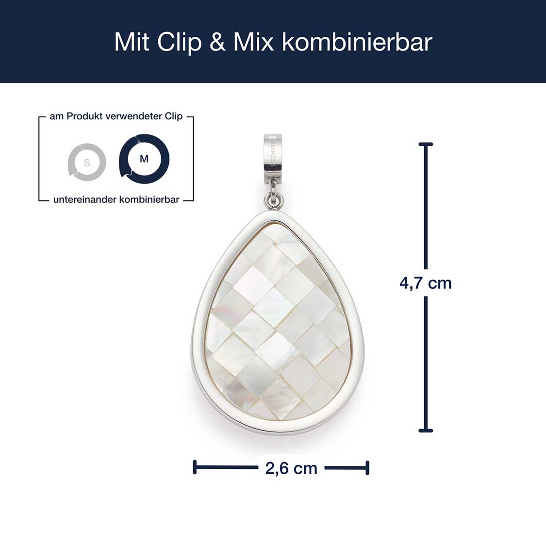 Anhänger IRA Clip & Mix mit Massangaben, teardrop-förmig, perlmuttfarben, facettiert, mit Clip-Verschluss