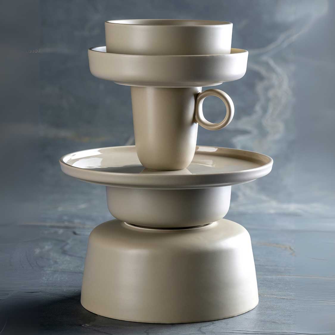 Geschirrset ROMA beige, stapelbar angeordnete Komponenten mit Griffen