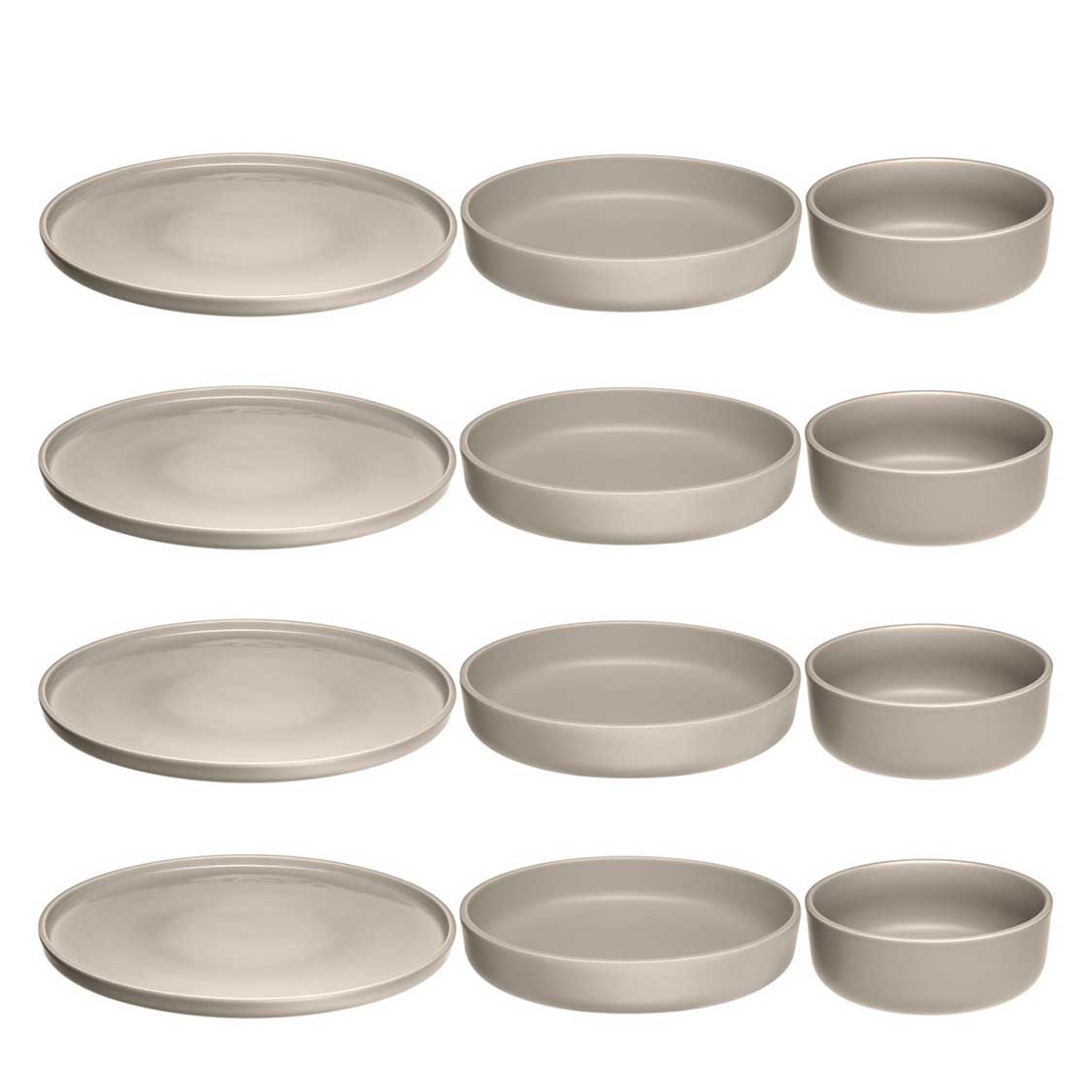 Geschirrset ROMA beige 12-teilig, vier Reihen mit Tellern, Schüsseln und Schälchen