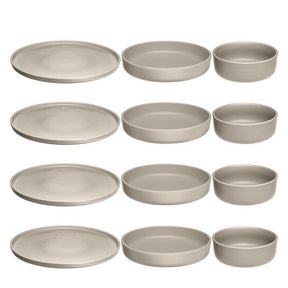 Geschirrset ROMA beige 12-teilig, vier Reihen mit Tellern, Schüsseln und Schälchen