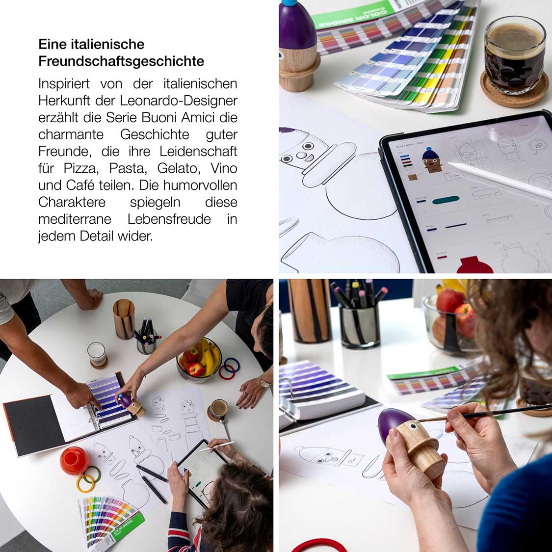 Designprozess mit Skizzen, Farbpaletten und Objektvase BUONI AMICI