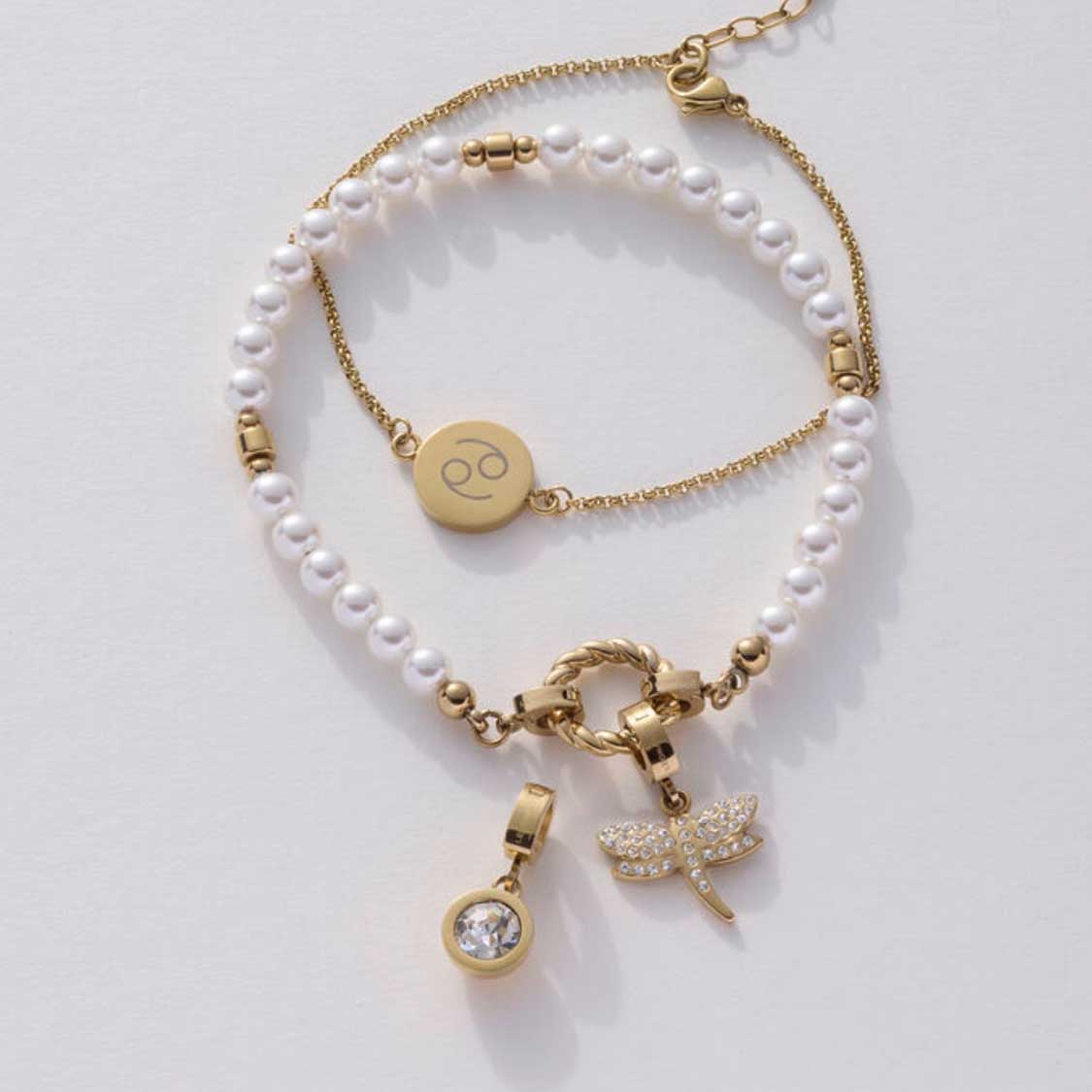 Armband LACY gold Clip & Mix mit Perlen, Libellen-Anhänger und Zirkonia-Charm