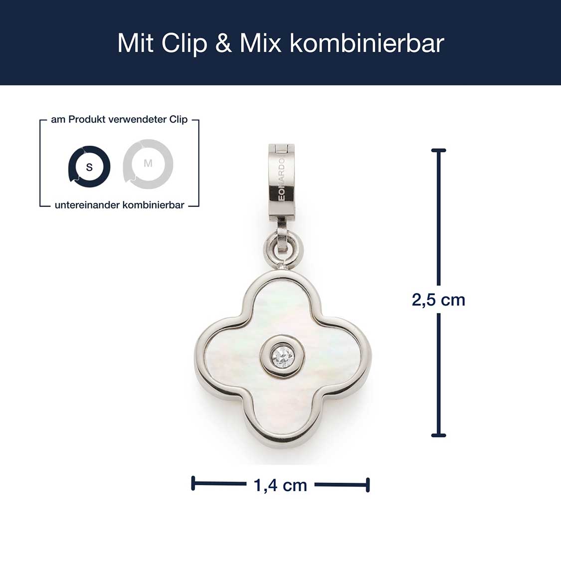 Anhänger BLUNA Clip & Mix vierblättrig mit Massangaben