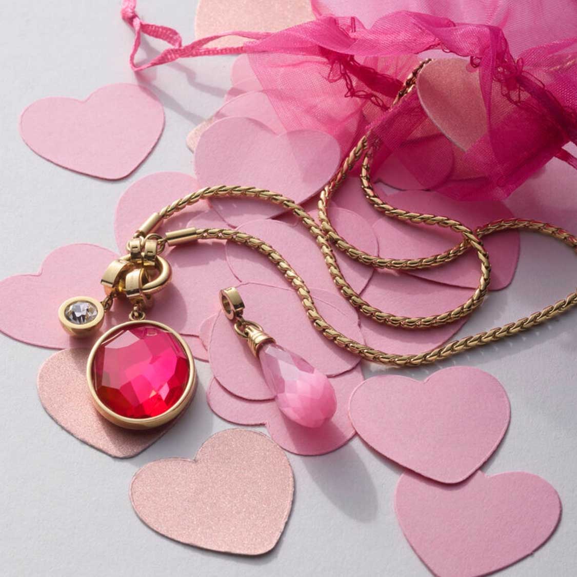 Anhänger FRISCO gold Clip & Mix mit pinkem Stein und Herzcharms