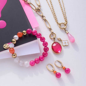 Schmuckset FRISCO mit rosa Perlenarmband, goldfarbenen Ketten, Anhänger und Ohrhänger