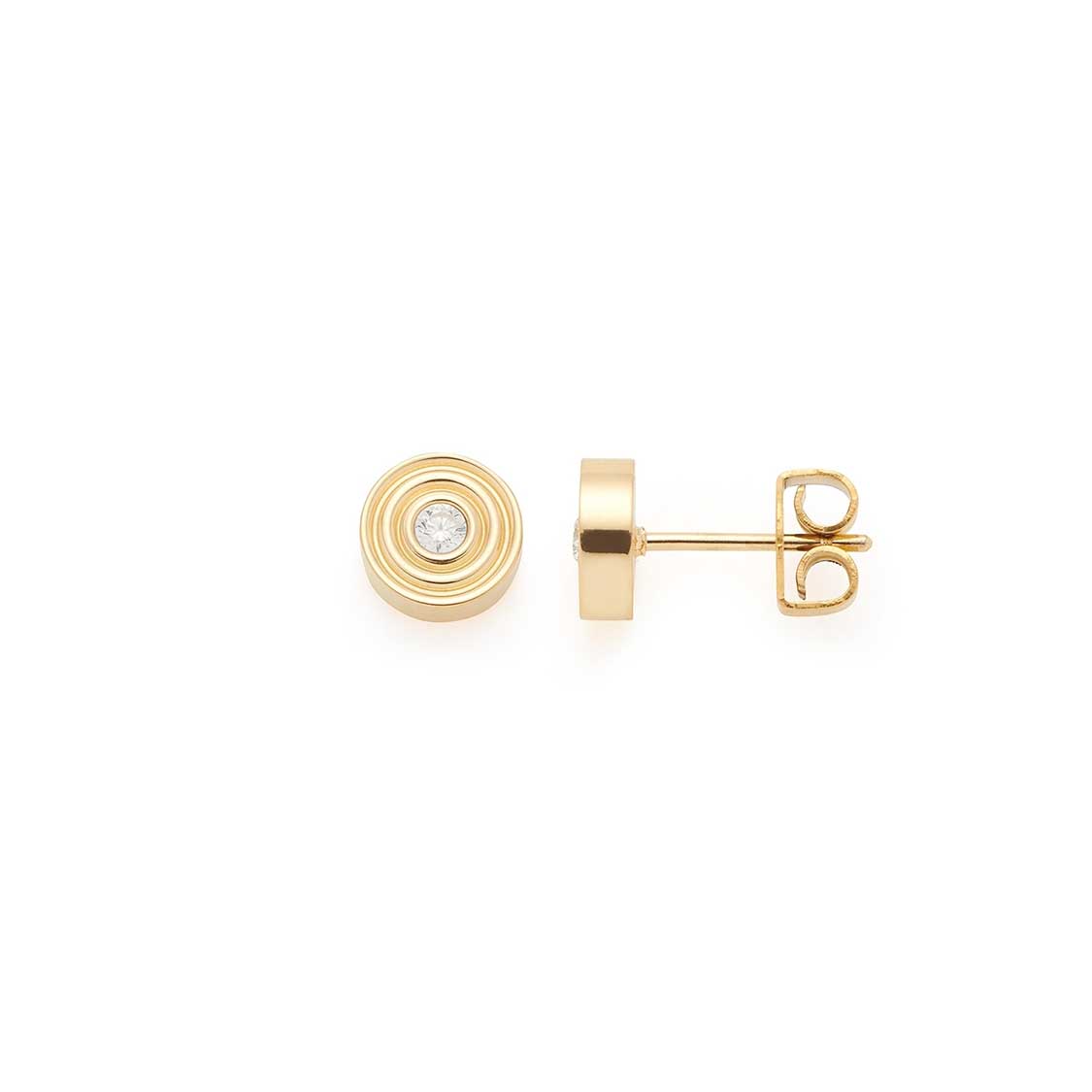 Ohrstecker ISABELLE gold mit rundem Plättchen und zentralem Kristall, Stiftansicht und Frontansicht