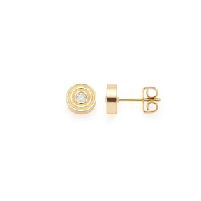 Ohrstecker ISABELLE gold mit rundem Plättchen und zentralem Kristall, Stiftansicht und Frontansicht