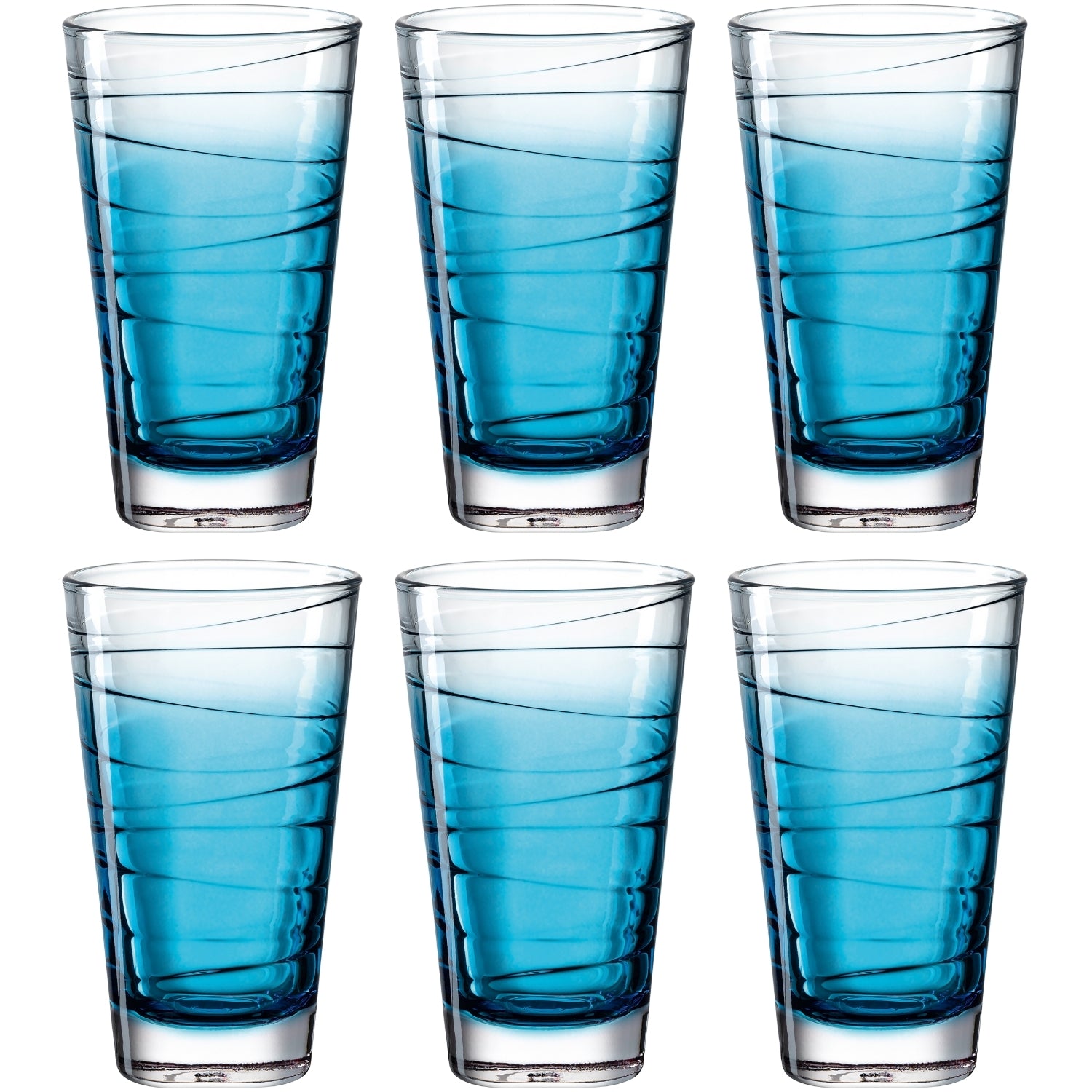 Sechs blaue Trinkgläser VARIO STRUTTURA mit strukturiertem Muster, gefüllt mit blauer Flüssigkeit
