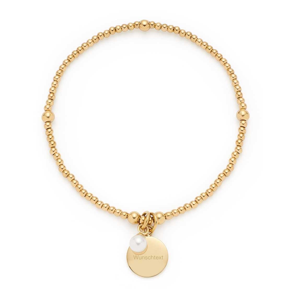 Armband DEBBY gold mit Perlenanhänger und graviertem Plaketten-Charm