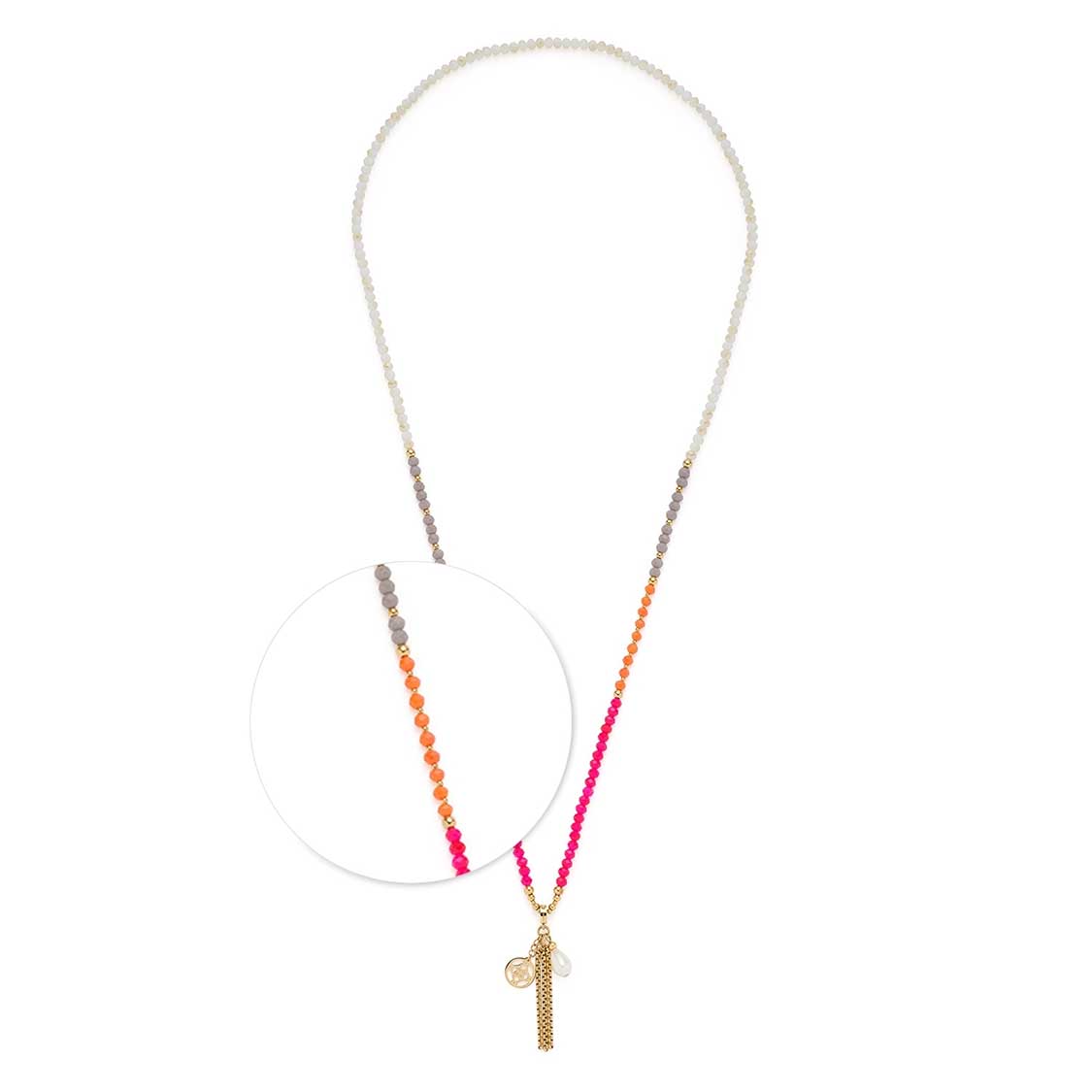 Halskette SOLERA mit Glasperlen in Orange und Pink, goldener Anhänger