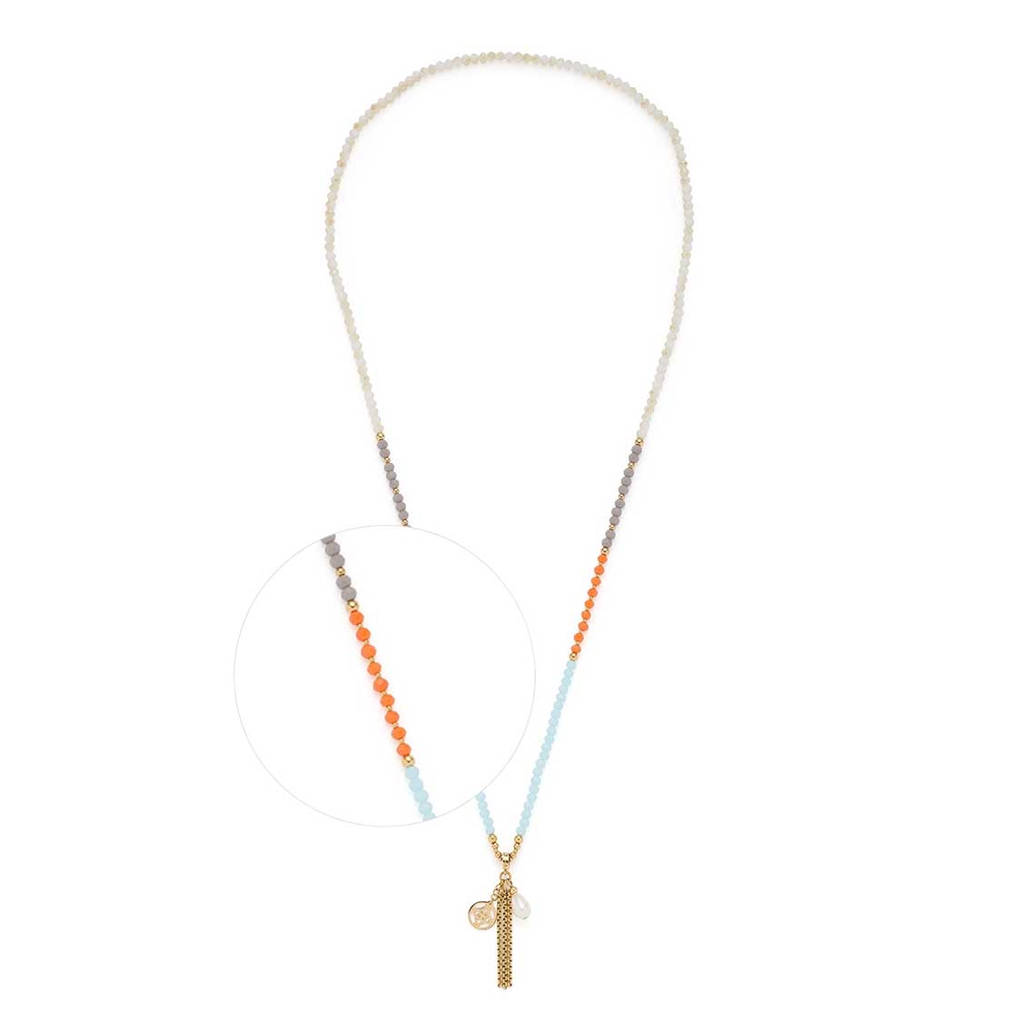 Halskette SOLERA mit Glasperlen in Orange und Blau, Metallanhänger