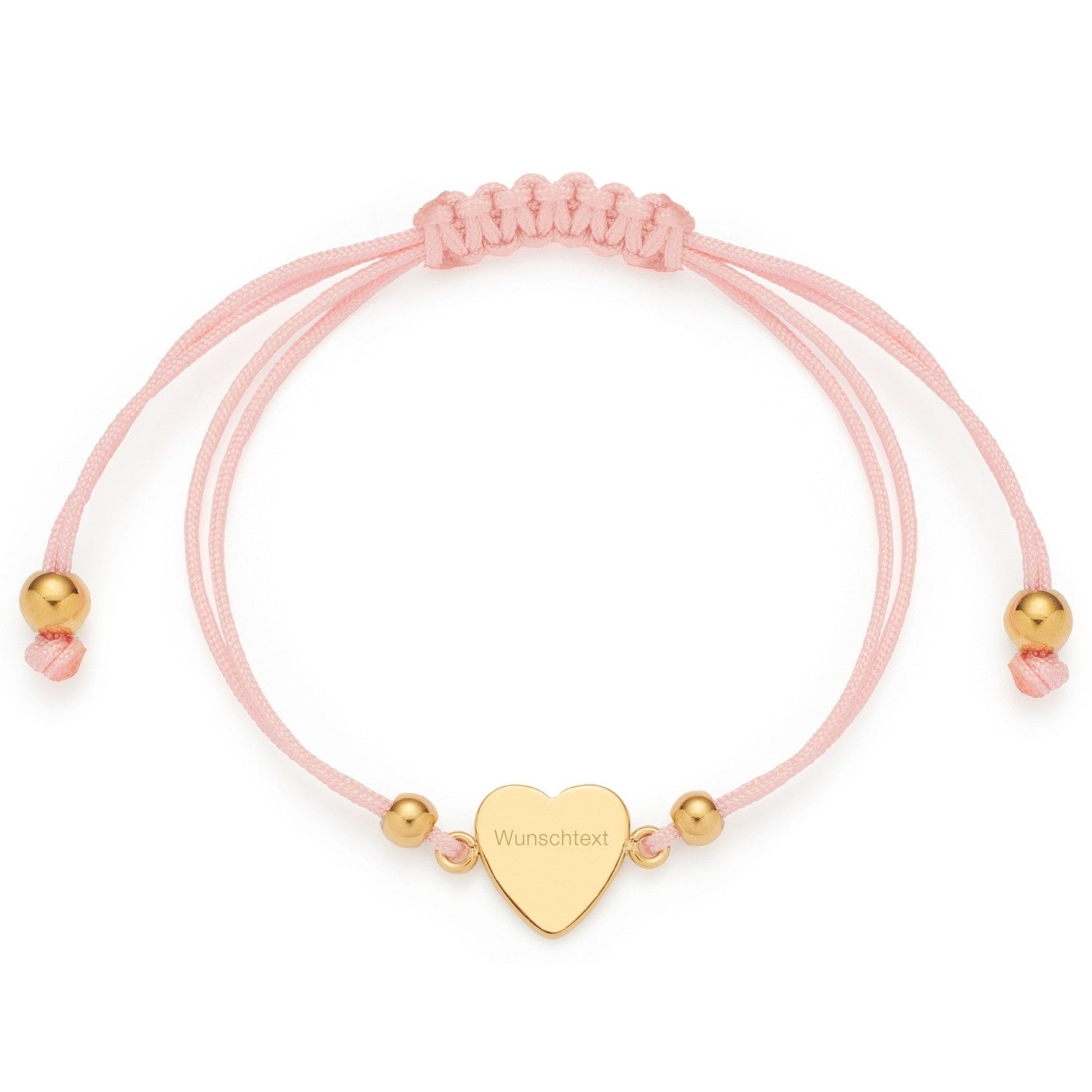 Armband BELLA gold mit herzförmigem Edelstahl-Anhänger und Gravur, rosa Kordel, goldene Perlen