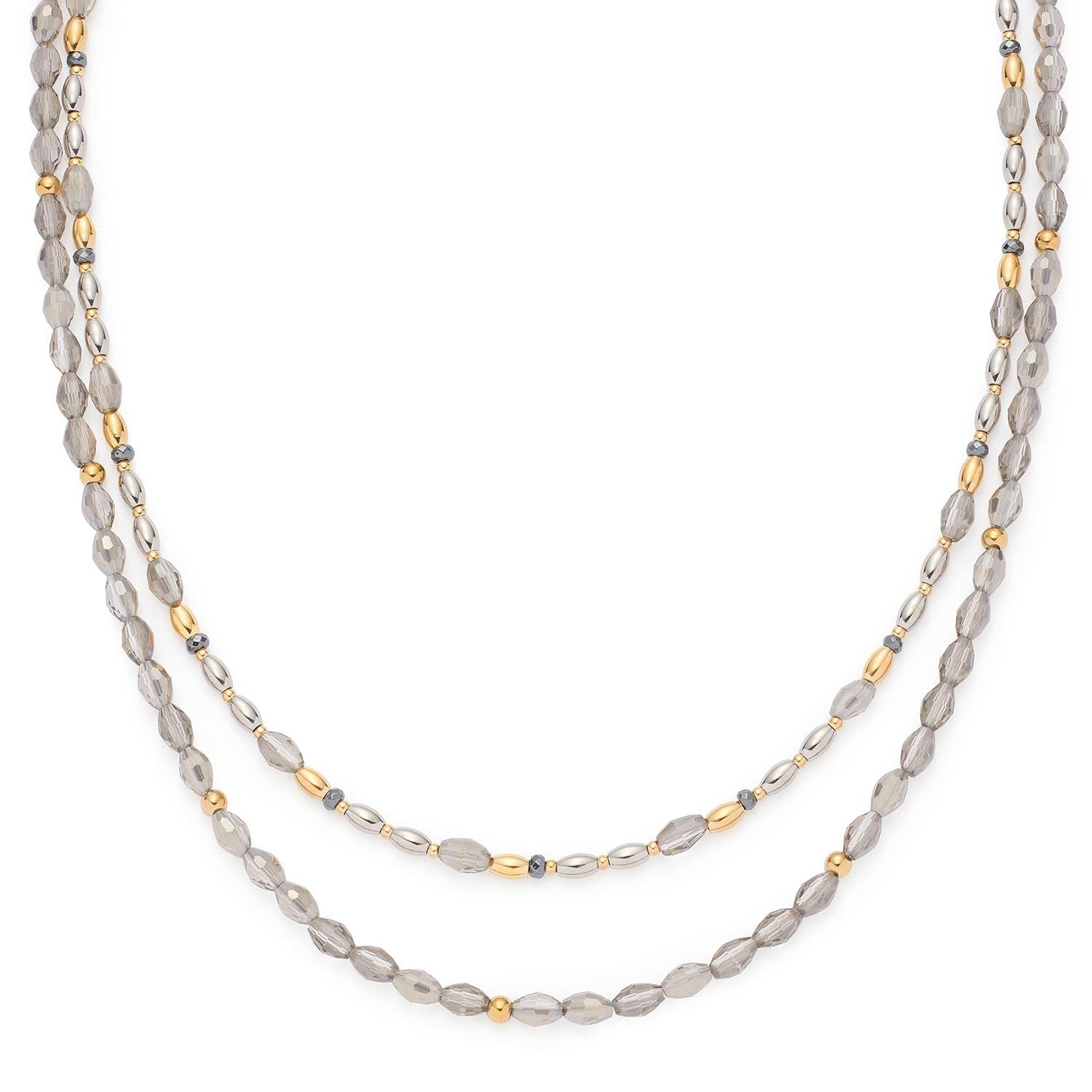 Halskette AGNETA mit grauen Glasperlen und goldenen Metallperlen, doppelsträngig