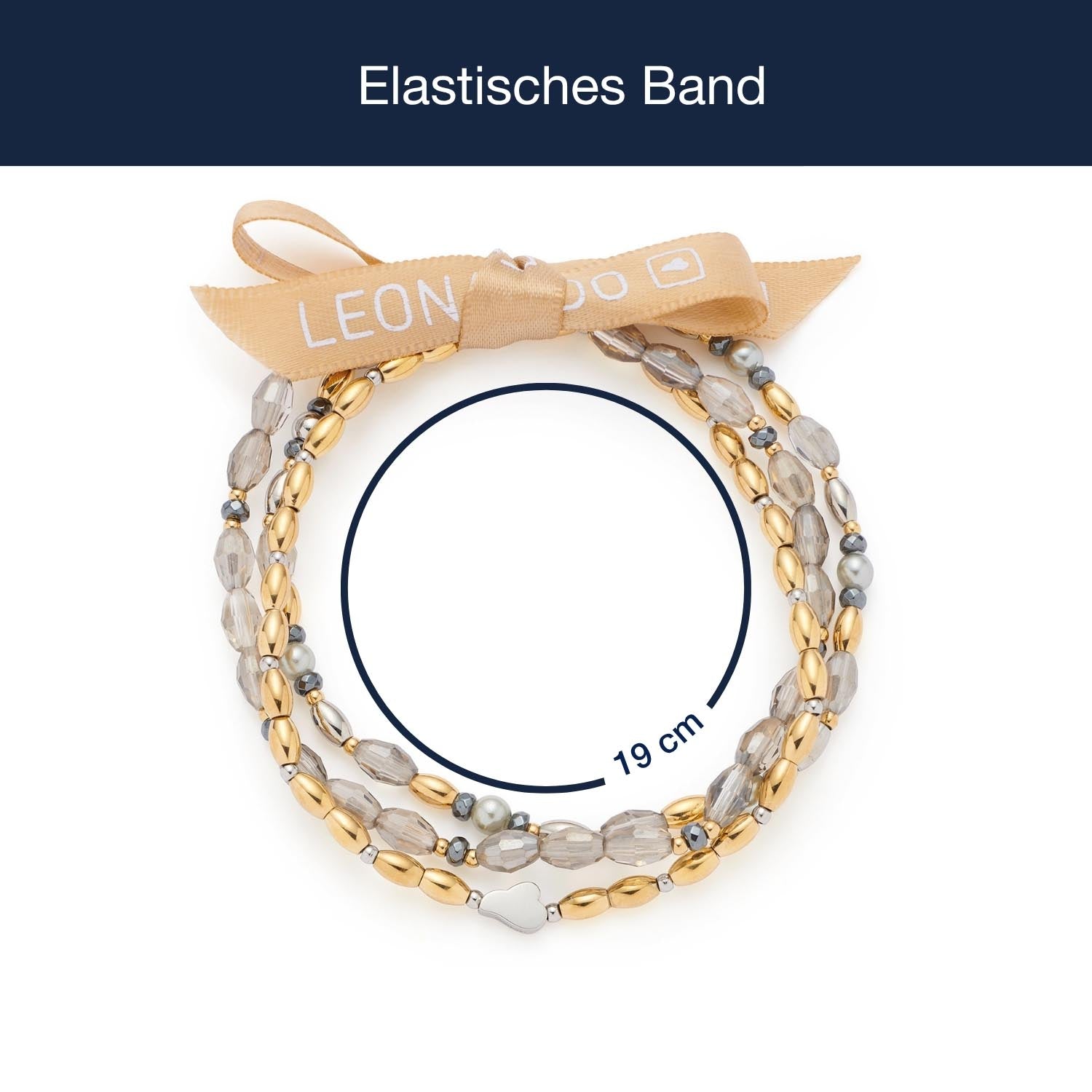 Armband AGNETA mit Glasperlen in Gold und Beige, elastisches Band mit LEON-Schleife, Größenangabe 19 cm