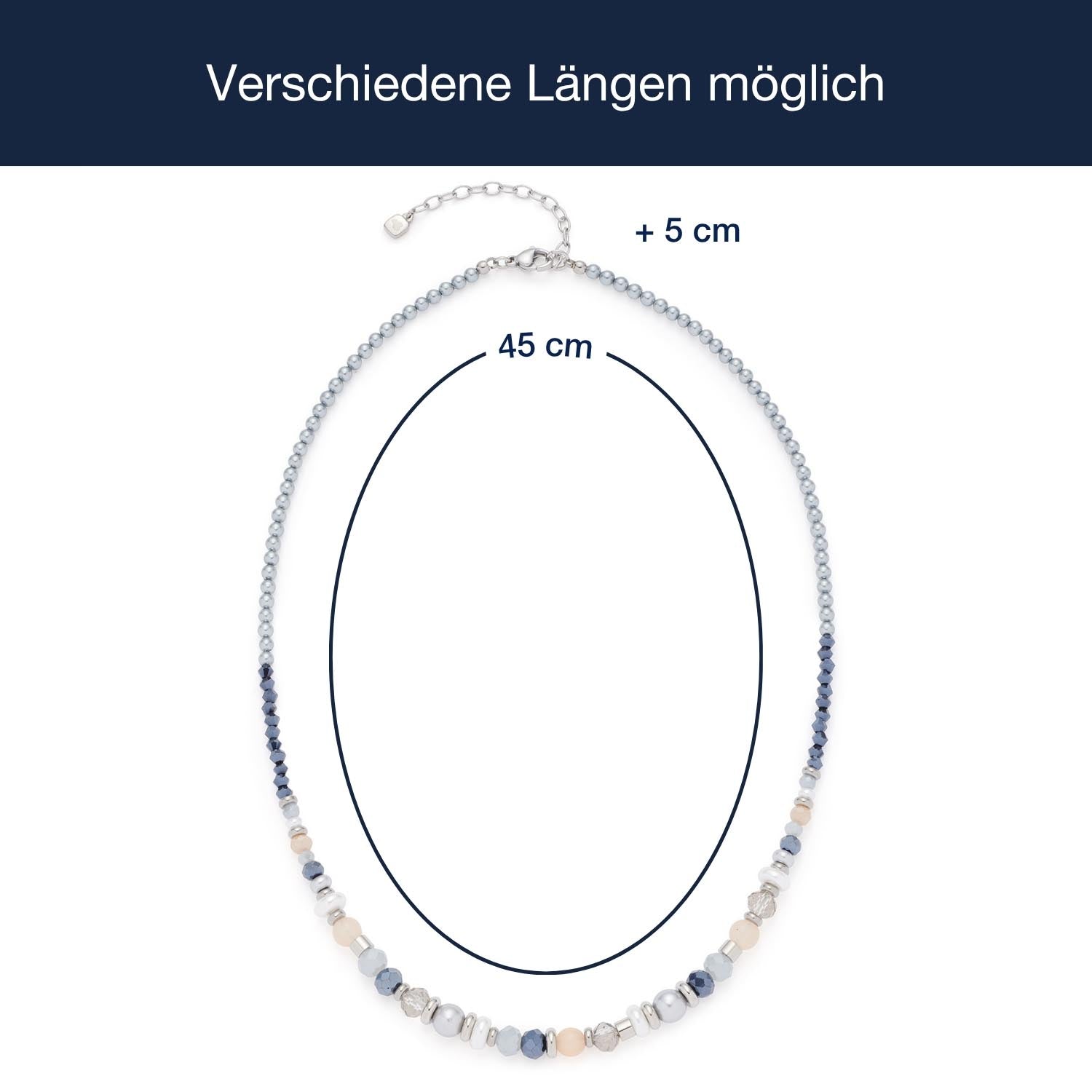 Messangaben zu Halskette BRITTA, Glasperlenkette silber mit verschiedenen Längenoptionen