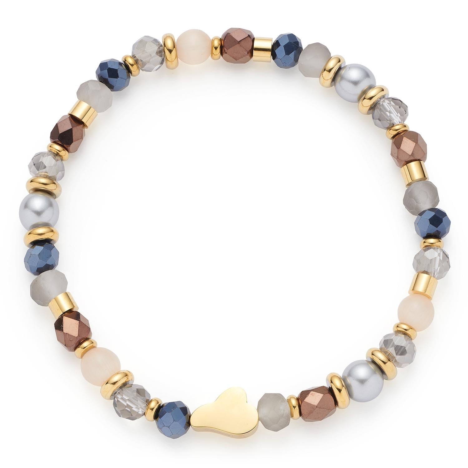 Armband SYLVIE mit Glasperlen in Grau, Creme, Braun und Dunkelblau, goldfarbene Metallzwischenstücke und herzförmige Schließe