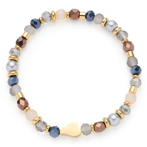 Armband SYLVIE mit Glasperlen in Grau, Creme, Braun und Dunkelblau, goldfarbene Metallzwischenstücke und herzförmige Schließe