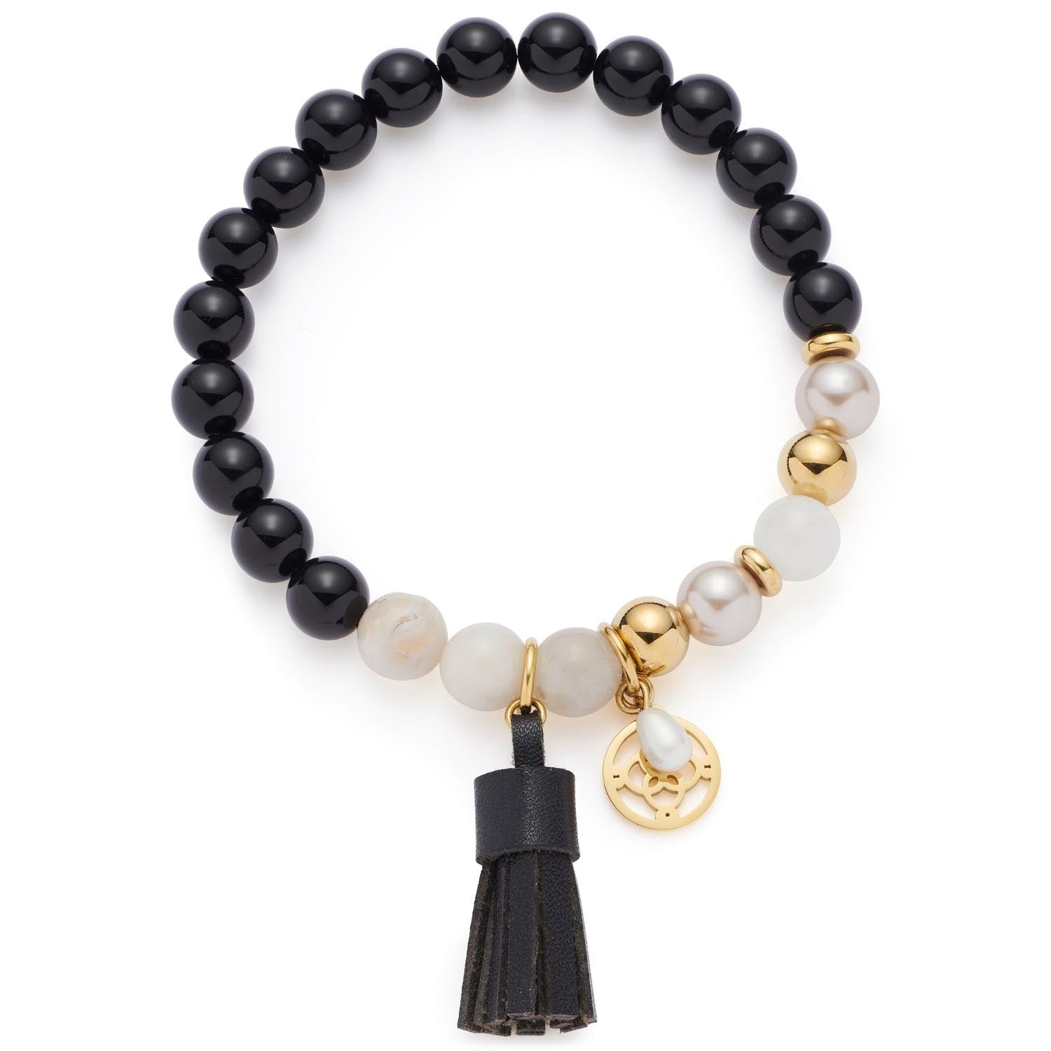 Armband EVE mit schwarzen Perlen, hellen Steinen, goldenen Elementen und schwarzer Quaste