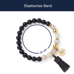 Armband EVE mit schwarzen Perlen, goldenen Elementen und Quastenanhänger, Größenangabe 21 cm