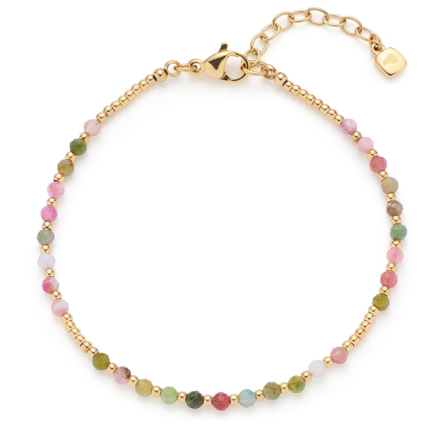 Armband FINJA CIAO mit mehrfarbigen Perlen in Rosa, Grün und Gold auf weißem Hintergrund