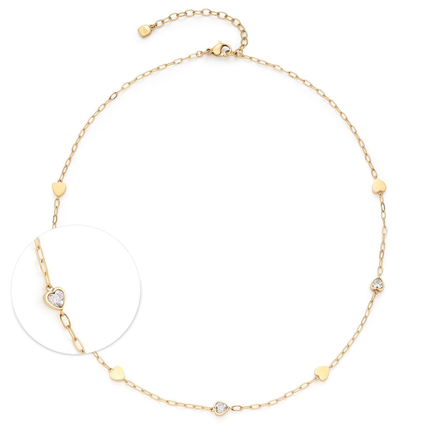 Halskette CHRISTIE gold mit Kettengliedern, Perlen und Zirkonia-Details, Detailansicht der Verschlussvariante