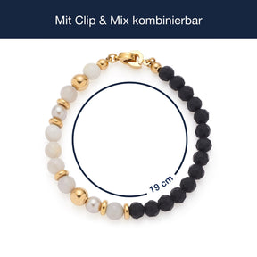 Armband HOLLY Clip & Mix mit grauem Stein, schwarzen Perlen und goldenen Elementen, Massangaben