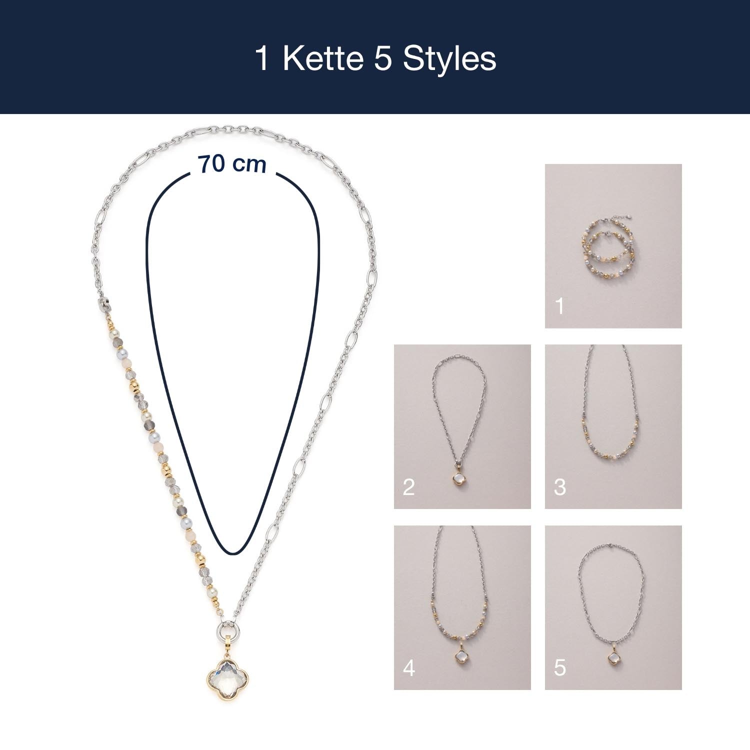 Set HILDE 70 cm Clip & Mix in fünf verschiedenen Styling-Varianten mit Massangaben