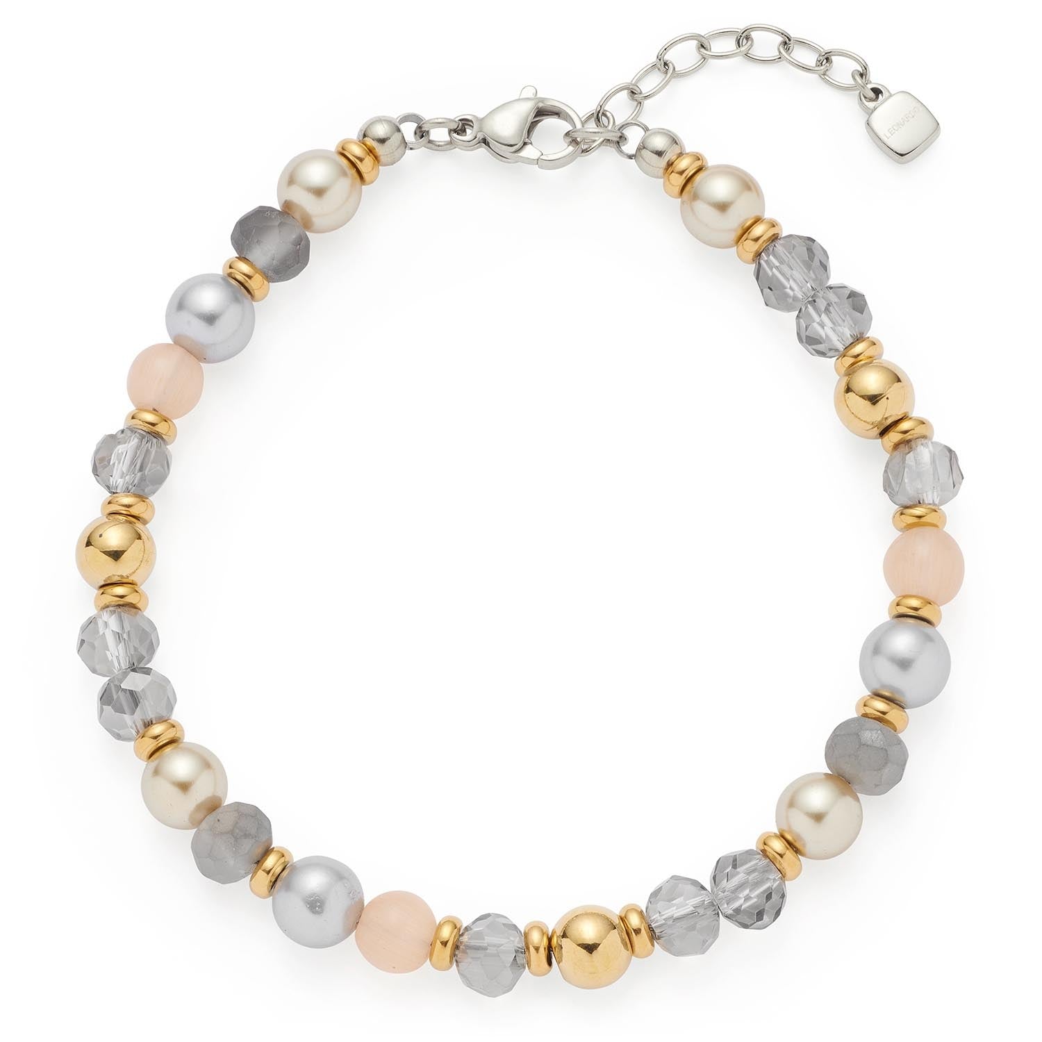 Armband HILDE Clip & Mix mit grauen und perlmuttfarbenen Perlen, goldenen Spacern und Kettenabschluss