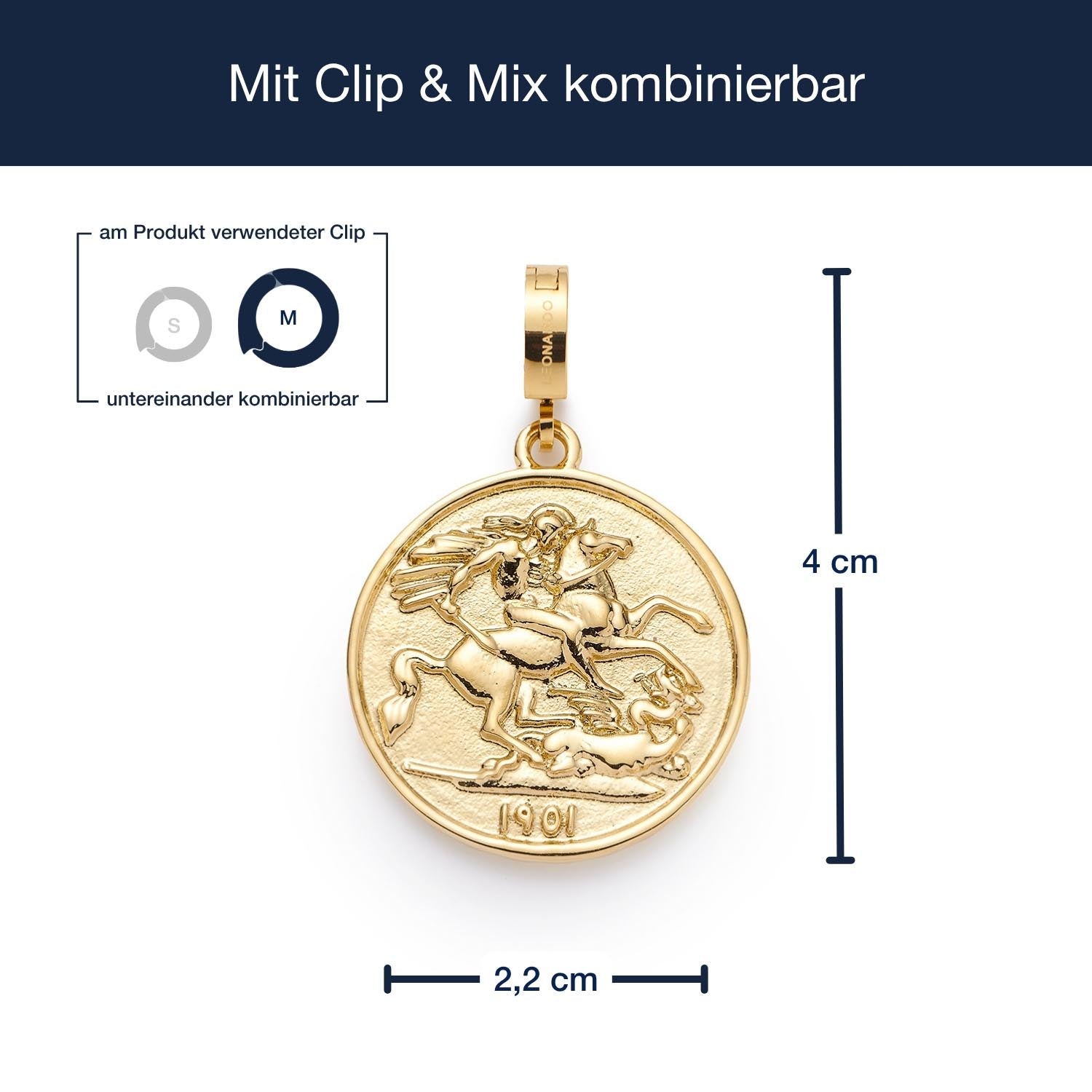 Anhänger LISBETH Clip & Mix mit Massangaben, Goldmünze und austauschbarem Clip