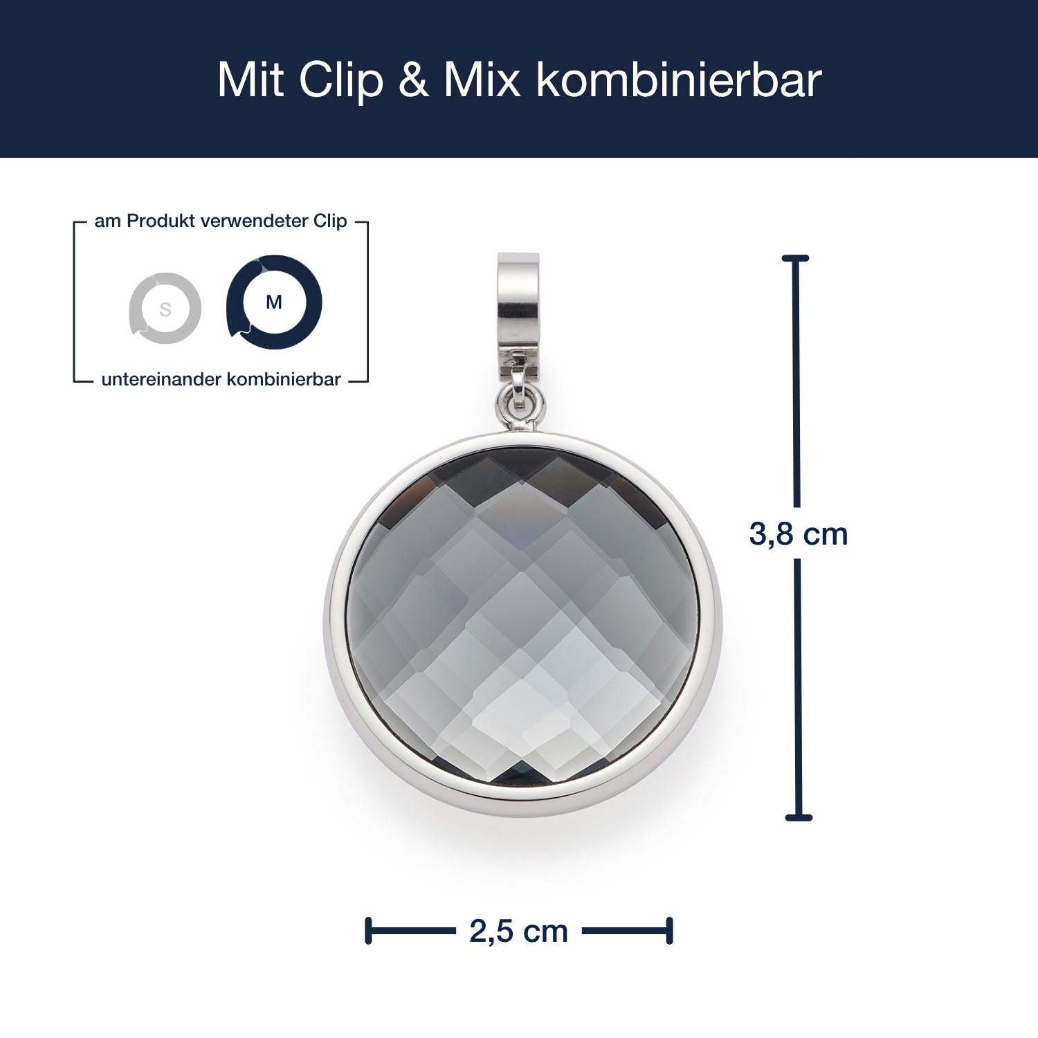 Anhänger HEIDI Clip & Mix mit facettiertem grauem Kristall und Massangaben