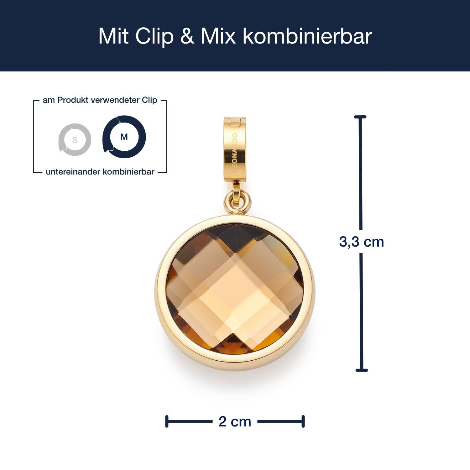 Anhänger DIANA Clip & Mix mit Massangaben, goldfarben mit facettiertem Stein, austauschbar