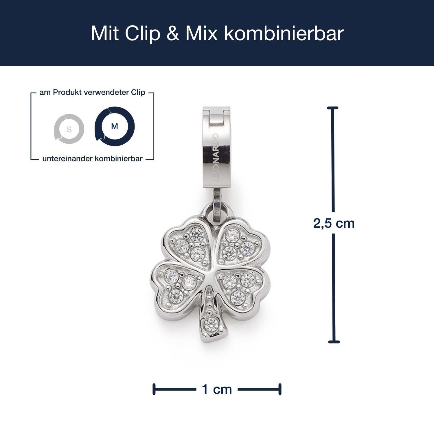Anhänger INKE Clip & Mix mit Kleeblatt-Design und Massangaben
