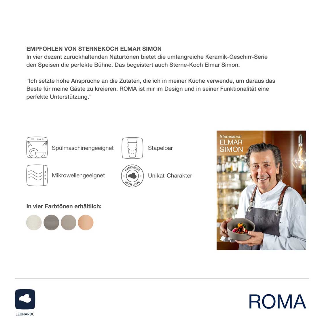 Keramikschale ROMA mit Mann in Küchenumgebung, Farbvarianten und Produktmerkmale