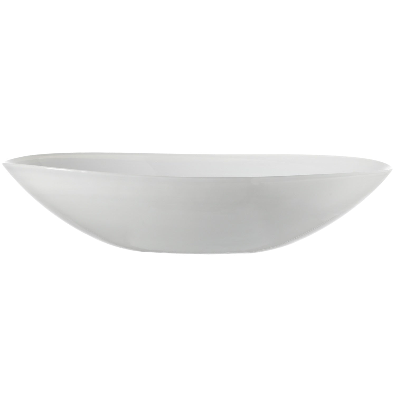 Weiße ovale Glasschale ALABASTRO 32 cm vor weißem Hintergrund