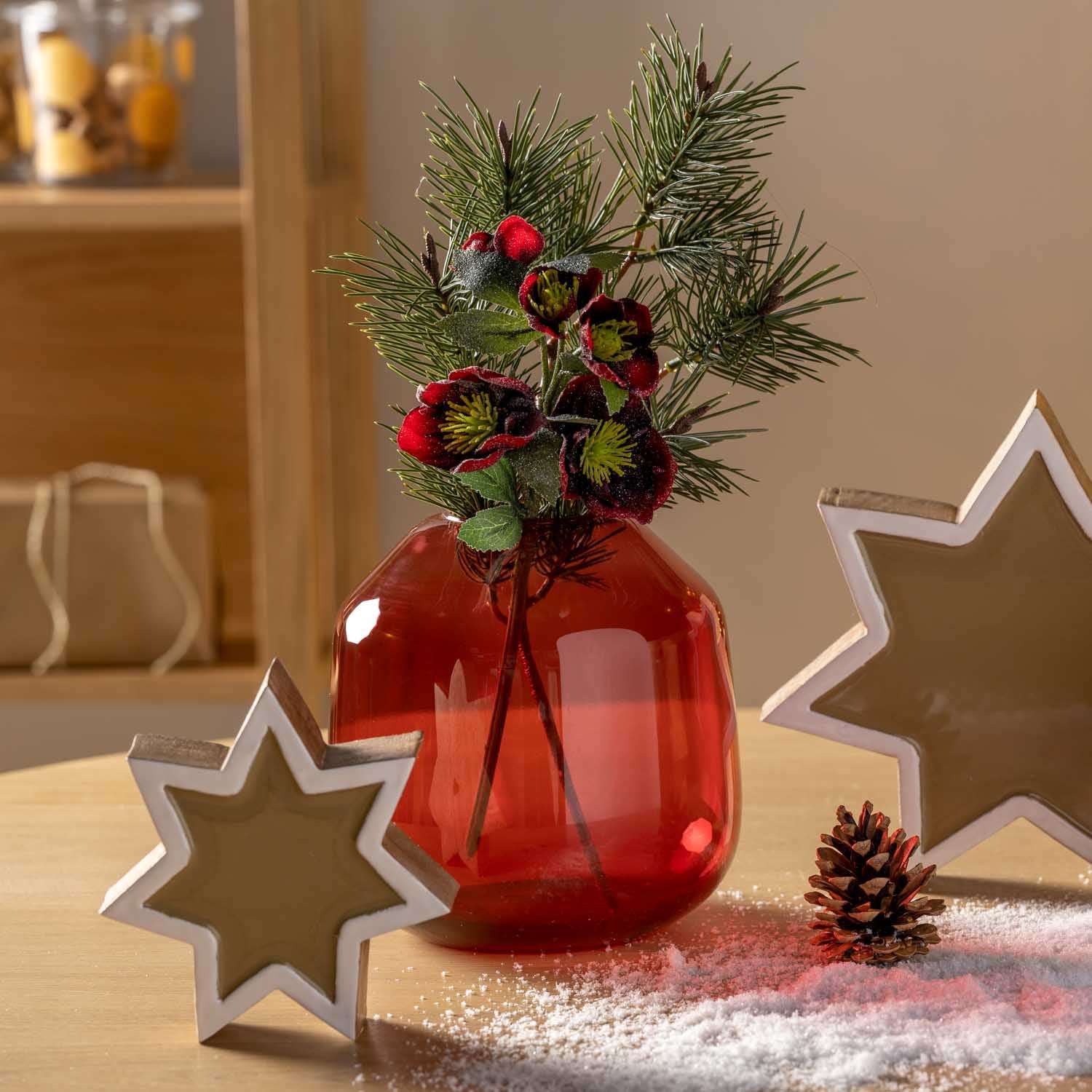 Christrose NATALE in dunkelroter Vase mit Tannenzweigen auf Tisch, dekorative Sterne und Tannenzapfen