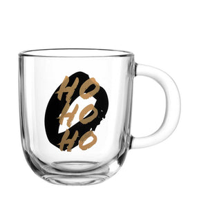 Glastasse SILENZIO mit schwarzem Kreis und goldenem HO HO HO Text