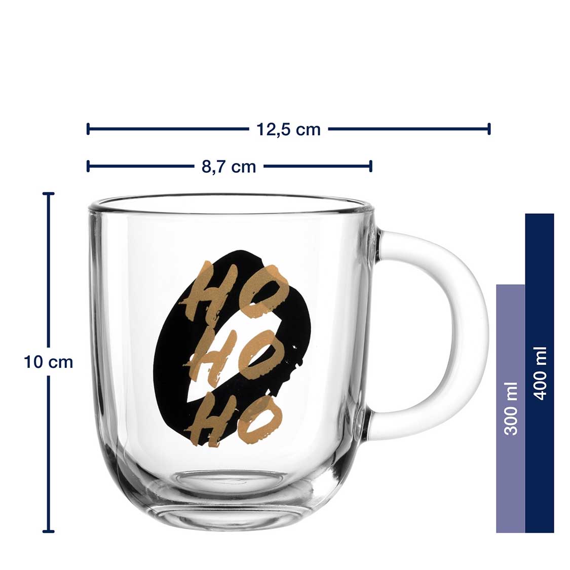 Tasse SILENZIO 400 ml mit schwarzem HO HO HO Aufdruck und Massangaben