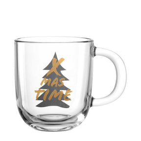 Glastasse SILENZIO mit Weihnachtsmotiv, Tannenbaum in Grau und Gold, Schriftzug X MAS TIME
