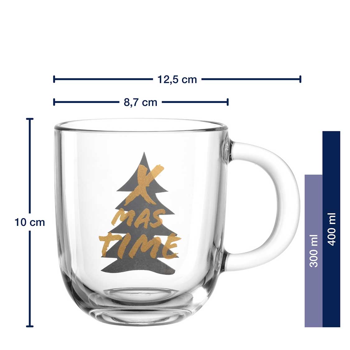 Glastasse SILENZIO 400 ml mit Weihnachtsmotiv und Massangaben