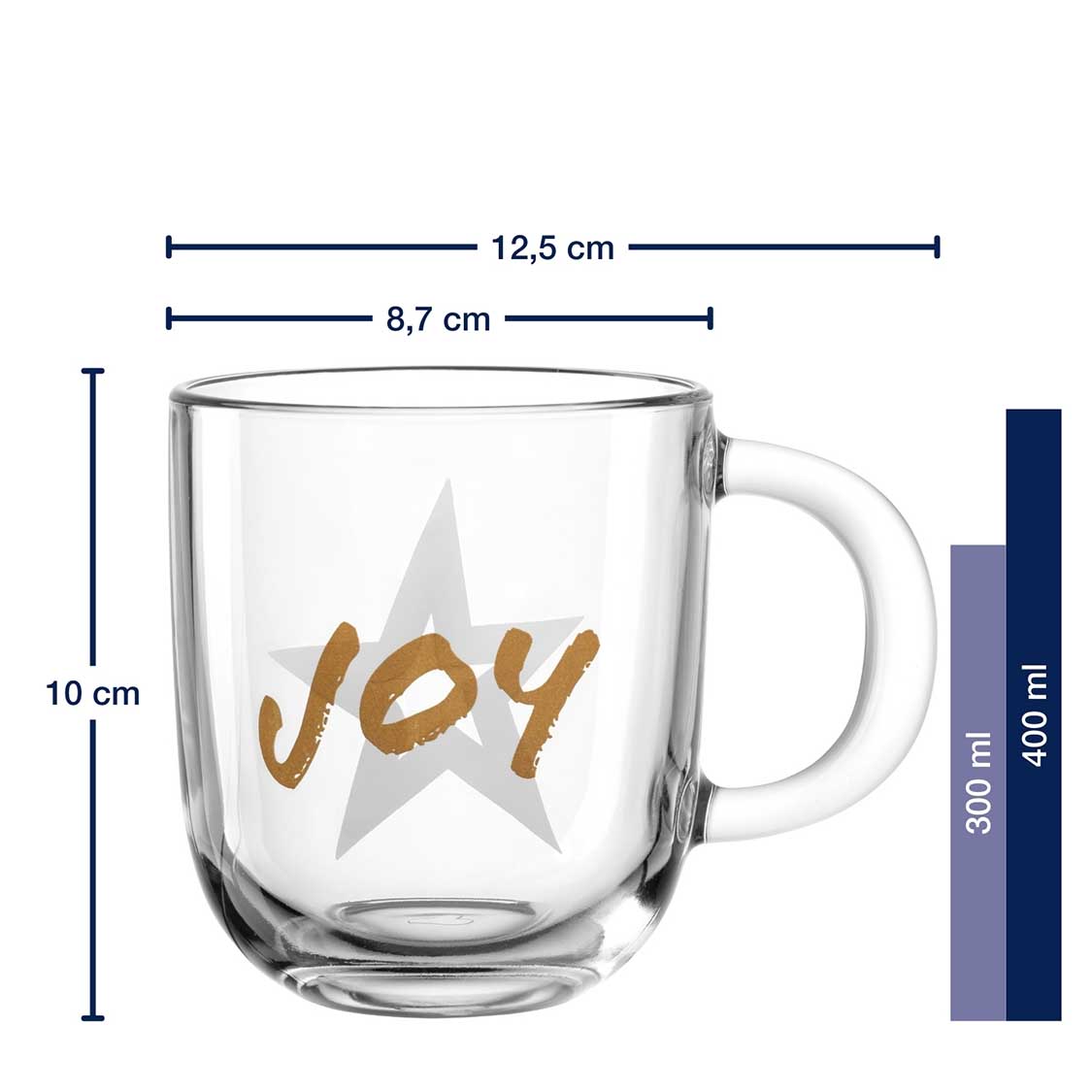 Glastasse SILENZIO mit Henkel, Stern und goldenem JOY-Schriftzug, Massangaben und Füllvolumen