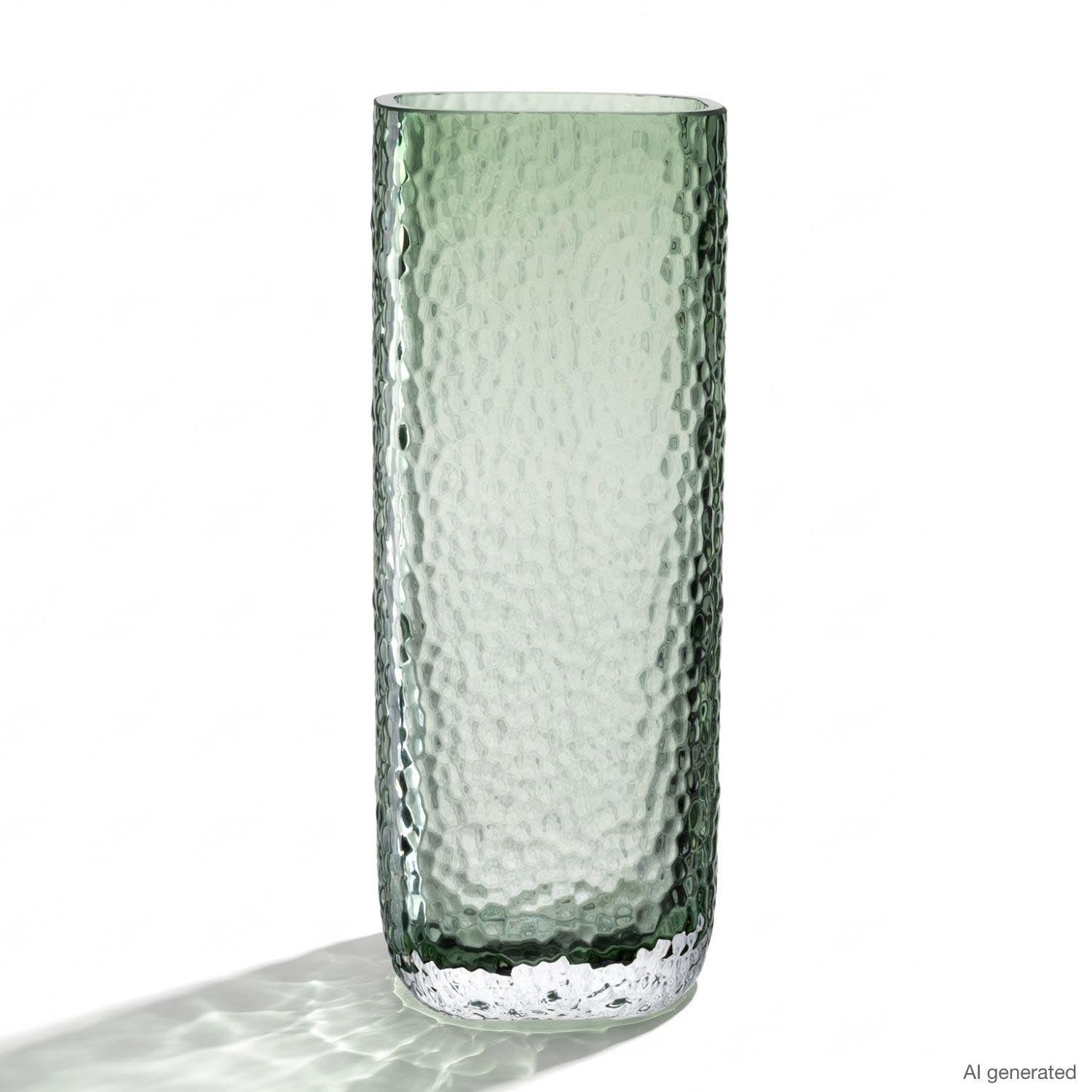Vase MARTELLO 27 cm grün, Glasoberfläche mit Hammerschlag-Struktur, vor weißem Hintergrund