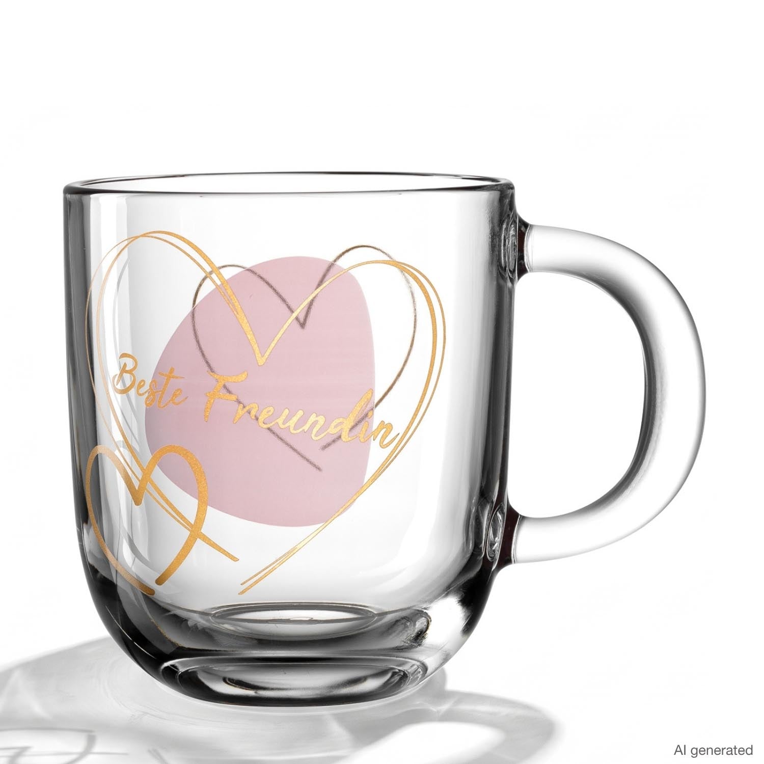Glastasse EMOZIONE mit rosafarbenem Herz und goldenem Schriftzug „Beste Freundin