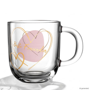 Glastasse EMOZIONE mit rosafarbenem Herz und goldenem Schriftzug „Beste Freundin