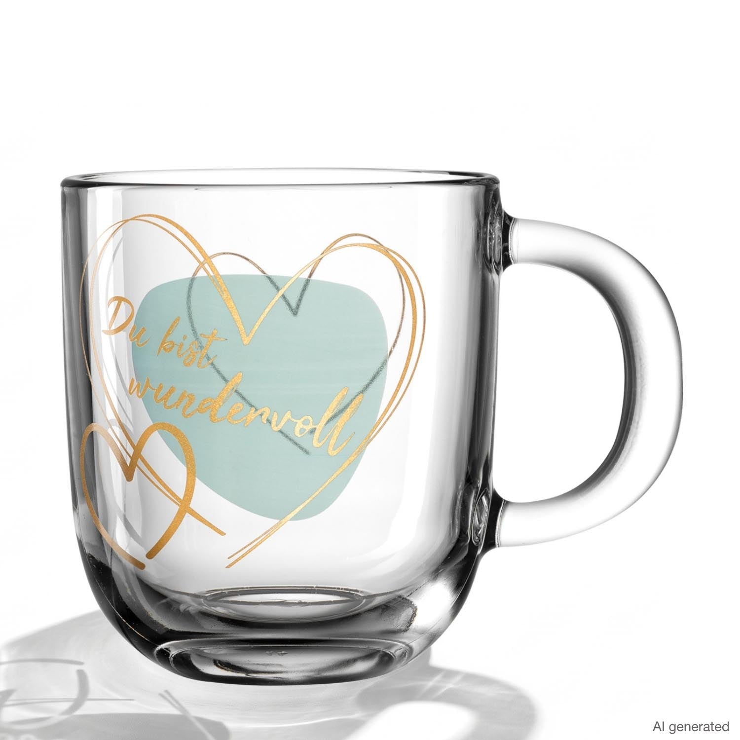 Glastasse EMOZIONE mit türkisem Herz und goldenem Text, Detailansicht der Gravur