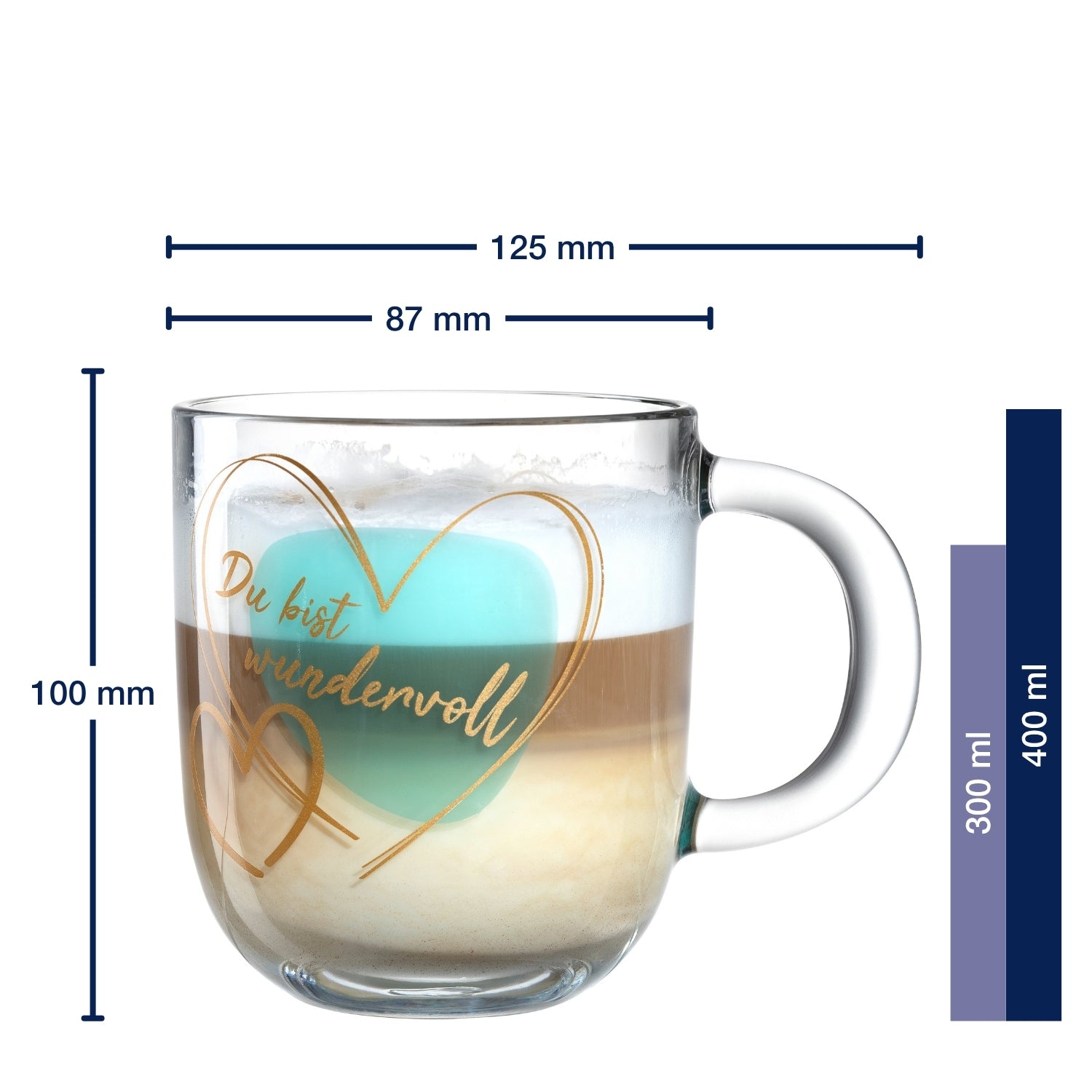Massangaben zu Tasse EMOZIONE 400 ml türkis 'Du bist wundervoll