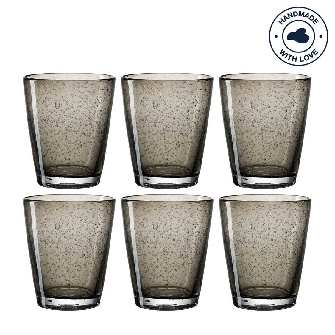 Sechs dunkelgraue Trinkgläser BURANO 330ml im 6er-Set arrangiert